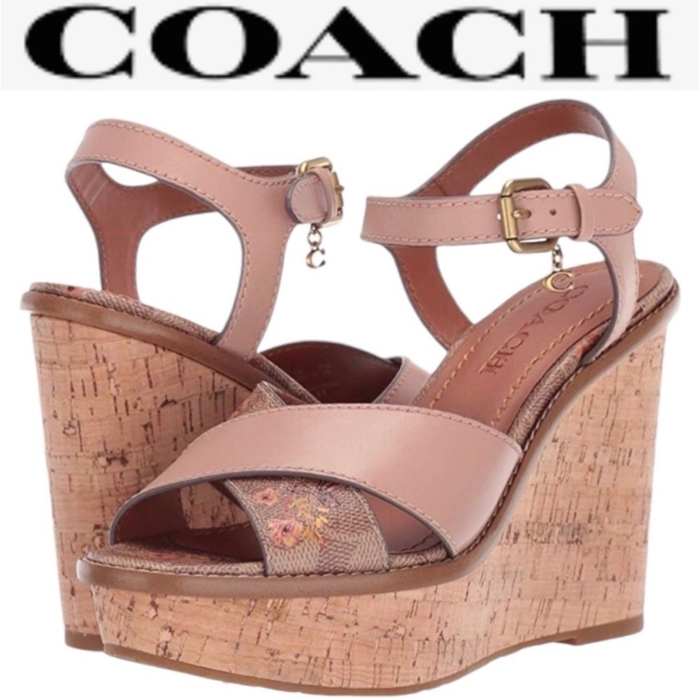 Coach Women's Blush Leather Cork Wedge Sandals